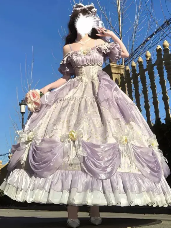 Fairy Lolita Dresses JSK Bows Ruched Ruffles Tulle Floral Print Slip Lolita Dress