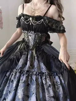 Fairy Lolita Dresses JSK Bows Ruched Ruffles Tulle Floral Print Slip Lolita Dress