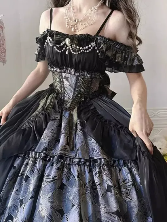 Fairy Lolita Dresses JSK Bows Ruched Ruffles Tulle Floral Print Slip Lolita Dress