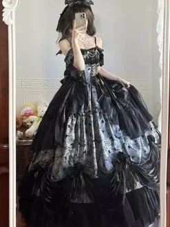 Fairy Lolita Dresses JSK Bows Ruched Ruffles Tulle Floral Print Slip Lolita Dress