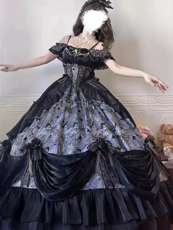 Fairy Lolita Dresses JSK Bows Ruched Ruffles Tulle Floral Print Slip Lolita Dress
