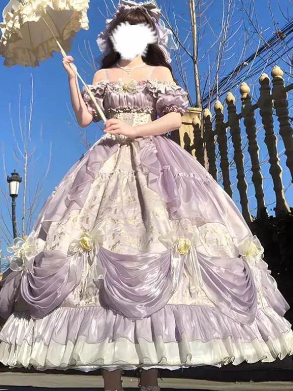 Fairy Lolita Dresses JSK Bows Ruched Ruffles Tulle Floral Print Slip Lolita Dress