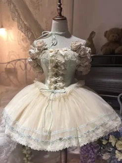 Fairy Lolita Dresses Pink Rose Flower Dress Tulle Ruffles Short Sweet Lolita Dress