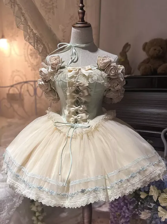 Fairy Lolita Dresses Pink Rose Flower Dress Tulle Ruffles Short Sweet Lolita Dress