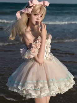 Fairy Lolita Dresses Pink Rose Flower Dress Tulle Ruffles Short Sweet Lolita Dress