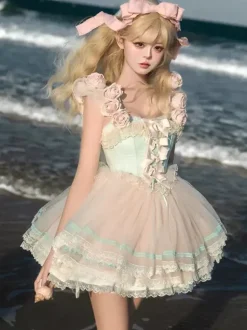 Fairy Lolita Dresses Pink Rose Flower Dress Tulle Ruffles Short Sweet Lolita Dress