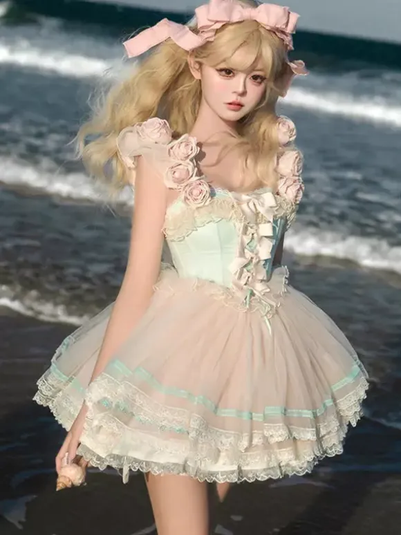 Fairy Lolita Dresses Pink Rose Flower Dress Tulle Ruffles Short Sweet Lolita Dress