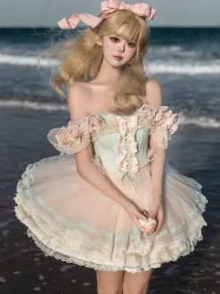 Fairy Lolita Dresses Pink Rose Flower Dress Tulle Ruffles Short Sweet Lolita Dress