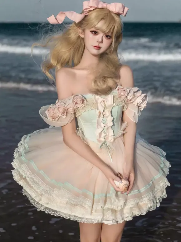 Fairy Lolita Dresses Pink Rose Flower Dress Tulle Ruffles Short Sweet Lolita Dress