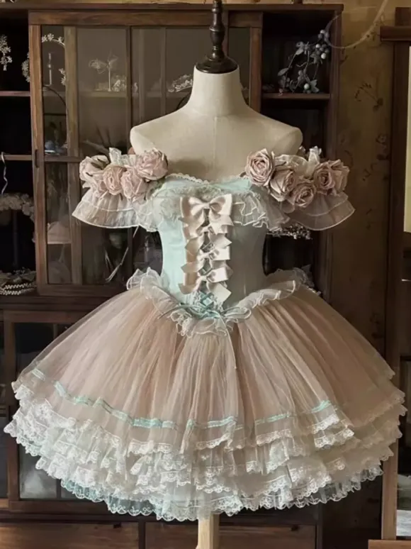 Fairy Lolita Dresses Pink Rose Flower Dress Tulle Ruffles Short Sweet Lolita Dress