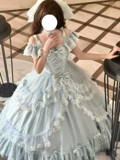 Fairy Lolita Dresses Sweet Light Sky Blue Bows Ruffles Bandage Tea Party Lolita Dress