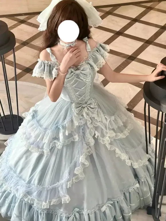 Fairy Lolita Dresses Sweet Light Sky Blue Bows Ruffles Bandage Tea Party Lolita Dress