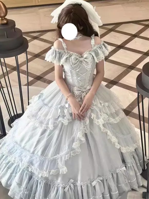 Fairy Lolita Dresses Sweet Light Sky Blue Bows Ruffles Bandage Tea Party Lolita Dress
