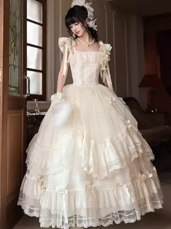 Fairy Lolita Dresses White Bow Lace Up Flowers Long Lolita Tea Party Dress