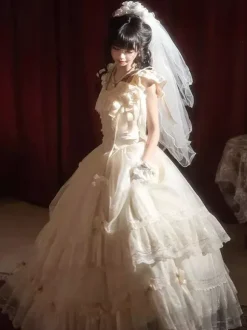 Fairy Lolita Dresses White Bow Lace Up Flowers Long Lolita Tea Party Dress