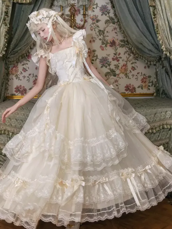 Fairy Lolita Dresses White Bow Lace Up Flowers Long Lolita Tea Party Dress