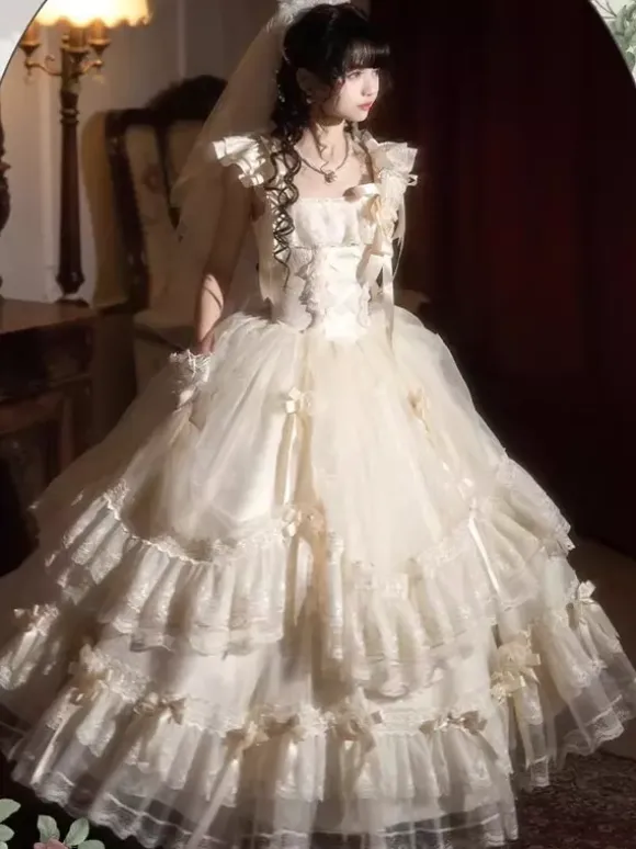 Fairy Lolita Dresses White Bow Lace Up Flowers Long Lolita Tea Party Dress