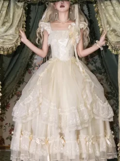 Fairy Lolita Dresses White Bow Lace Up Flowers Long Lolita Tea Party Dress