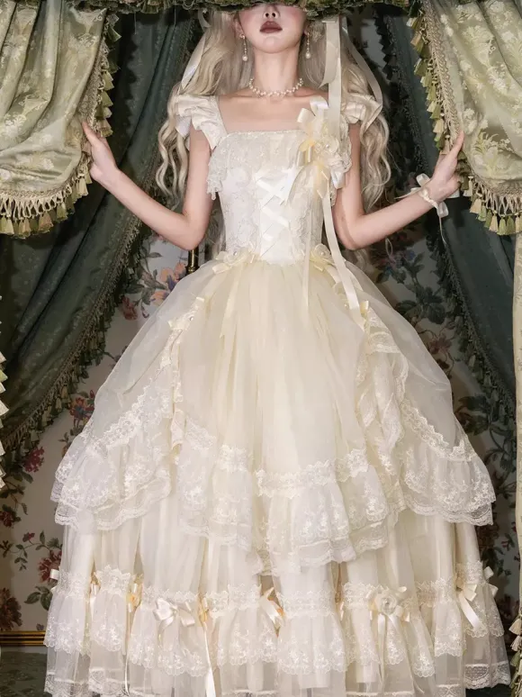 Fairy Lolita Dresses White Bow Lace Up Flowers Long Lolita Tea Party Dress