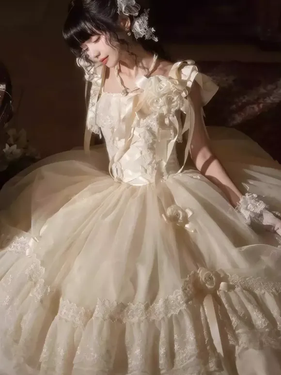 Fairy Lolita Dresses White Bow Lace Up Flowers Long Lolita Tea Party Dress