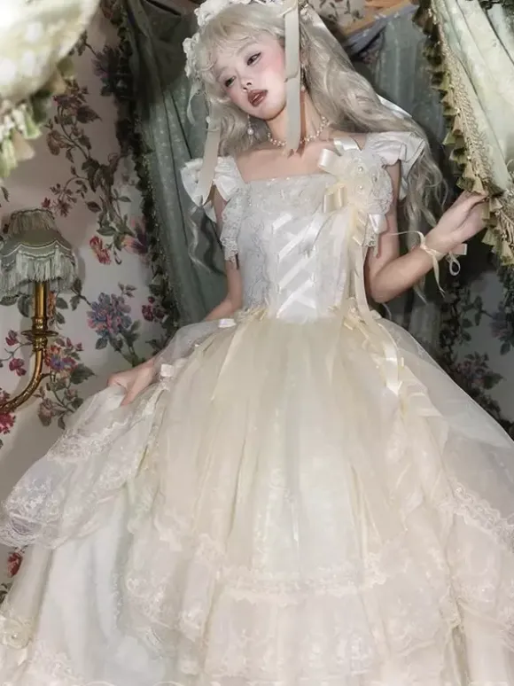 Fairy Lolita Dresses White Bow Lace Up Flowers Long Lolita Tea Party Dress