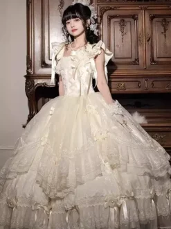 Fairy Lolita Dresses White Bow Lace Up Flowers Long Lolita Tea Party Dress