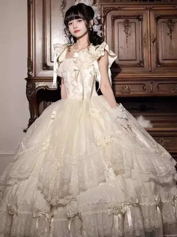 Fairy Lolita Dresses White Bow Lace Up Flowers Long Lolita Tea Party Dress