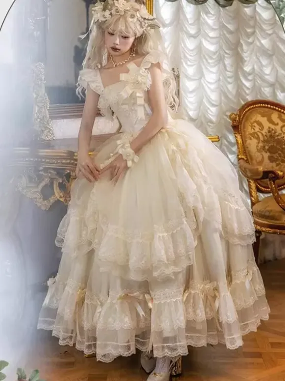 Fairy Lolita Dresses White Bow Lace Up Flowers Long Lolita Tea Party Dress