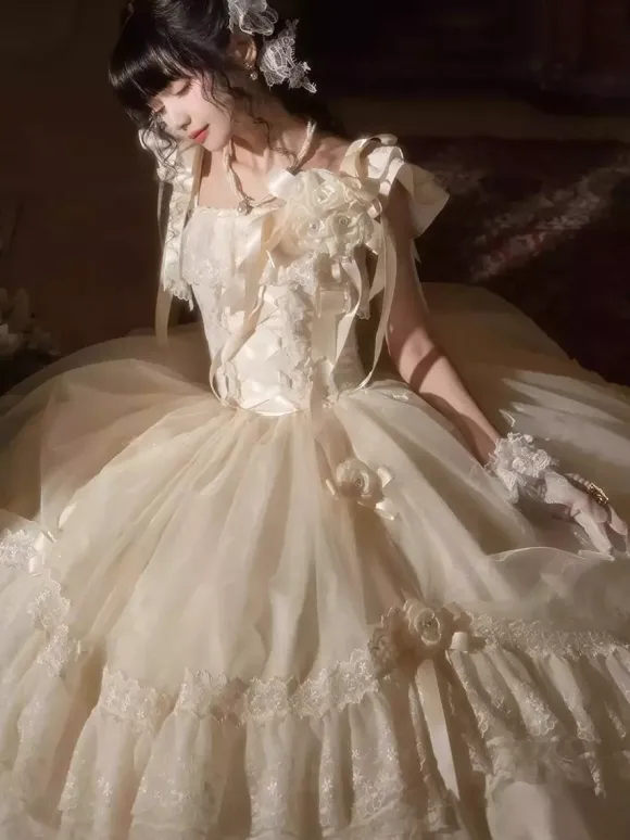 Fairy Lolita Dresses White Bow Lace Up Flowers Long Lolita Tea Party Dress