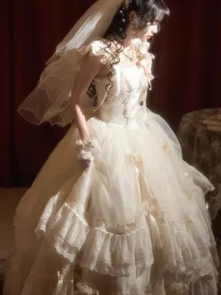 Fairy Lolita Dresses White Bow Lace Up Flowers Long Lolita Tea Party Dress