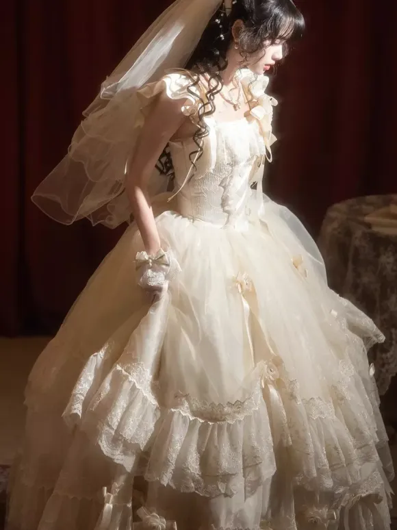Fairy Lolita Dresses White Bow Lace Up Flowers Long Lolita Tea Party Dress