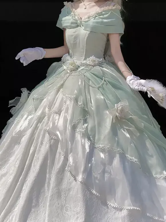 Fairy Lolita Dress Off The Shoulder Bow Lace Floor Length Lolita Dress