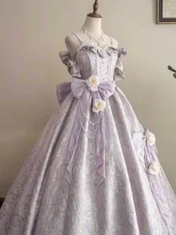 Fairy Lolita Dress Spaghetti Flower Classic Purple Ruffles Off The Shoulder Prom Lolita Dress