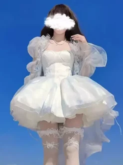 Fairy Lolita Short Dresses Light Sky Blue Ruffles With Train Lolita Dress