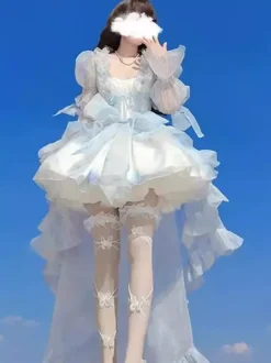 Fairy Lolita Short Dresses Light Sky Blue Ruffles With Train Lolita Dress