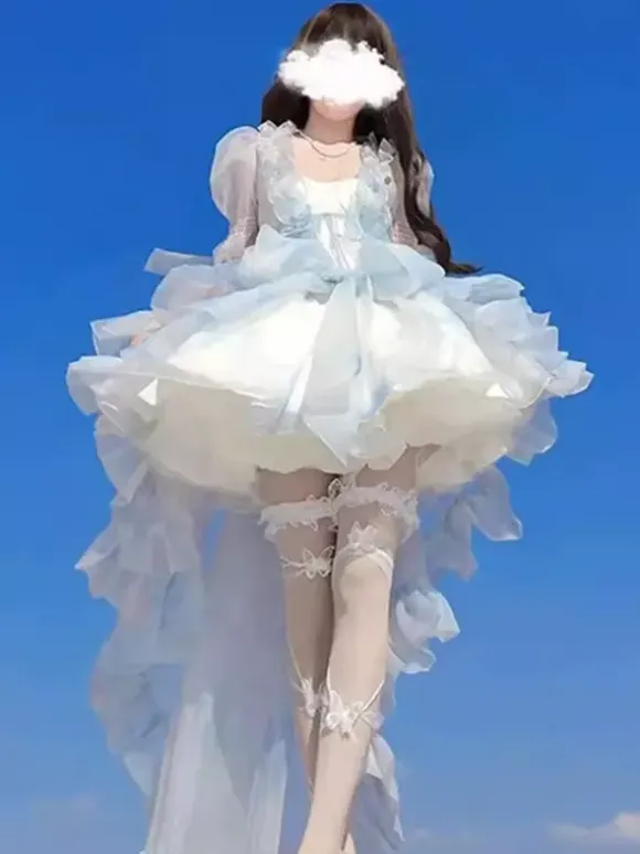 Fairy Lolita Short Dresses Light Sky Blue Ruffles With Train Lolita Dress