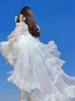 Fairy Lolita Short Dresses Light Sky Blue Ruffles With Train Lolita Dress