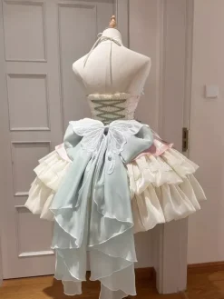 Fairy Lolita Short Jsk Dresses Sleeveless Apricot Ruffles Bow Pink Tulle Tiered Gown With Train Lolita Dress