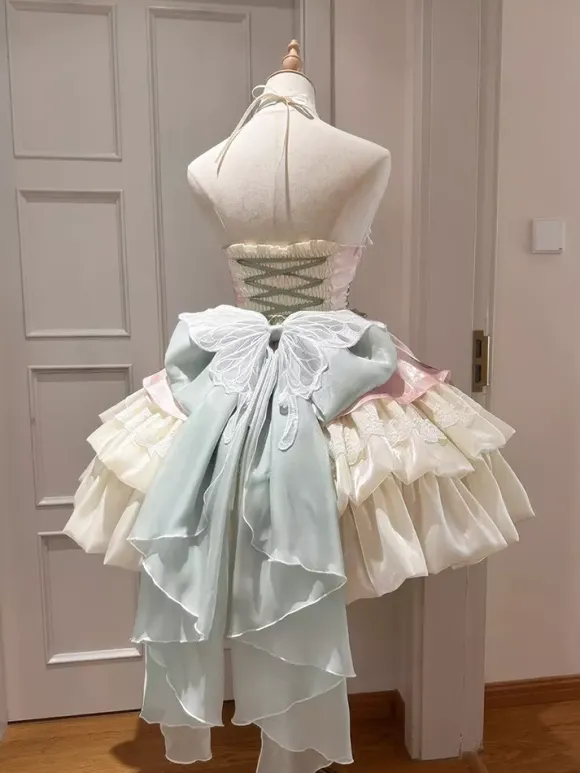 Fairy Lolita Short Jsk Dresses Sleeveless Apricot Ruffles Bow Pink Tulle Tiered Gown With Train Lolita Dress