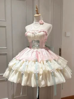 Fairy Lolita Short Jsk Dresses Sleeveless Apricot Ruffles Bow Pink Tulle Tiered Gown With Train Lolita Dress