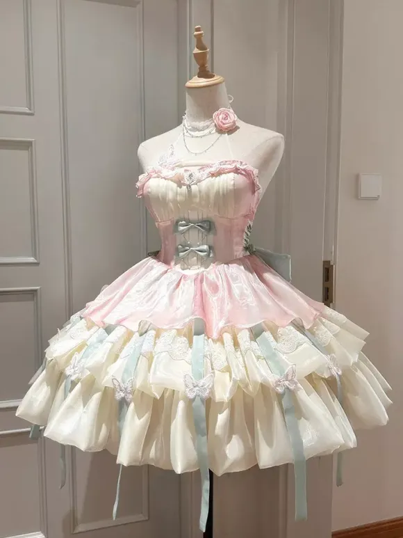 Fairy Lolita Short Jsk Dresses Sleeveless Apricot Ruffles Bow Pink Tulle Tiered Gown With Train Lolita Dress