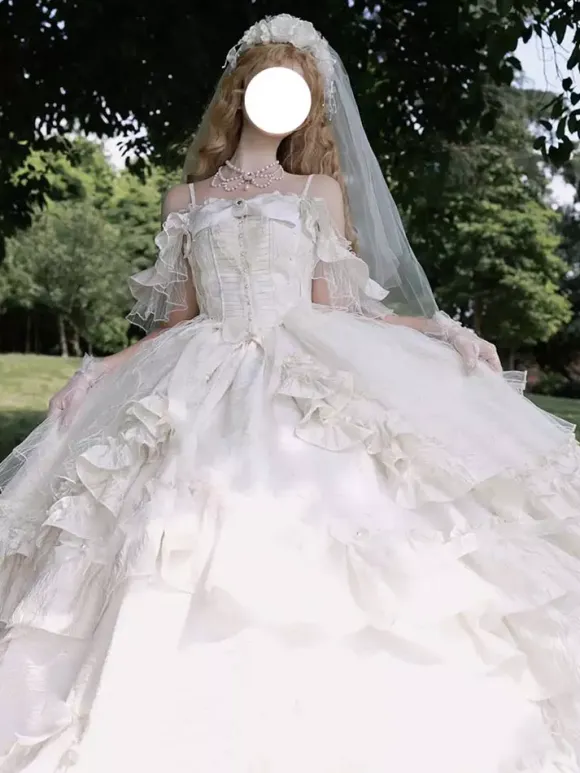 Fairy Sweet Lolita Dress Sleeveless Ruffles Sweet Dress Champagne Off-the-shoulder Wedding Lolita Gown