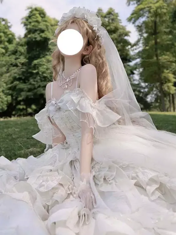 Fairy Sweet Lolita Dress Sleeveless Ruffles Sweet Dress Champagne Off-the-shoulder Wedding Lolita Gown