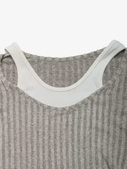 Fake Two Piece Ribbed Knit Long Sleeve Top Scoop Neck Layered Slim Casual Shirt