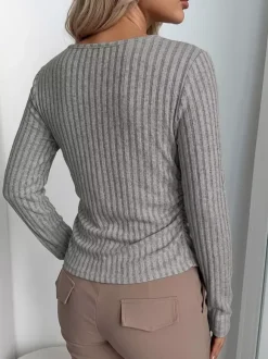 Fake Two Piece Ribbed Knit Long Sleeve Top Scoop Neck Layered Slim Casual Shirt