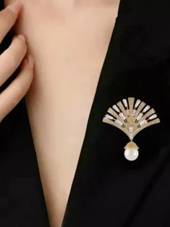 Fan Shape Baguette Zircon Brooch Dangle Large Pearl Pendant Lapel Pin