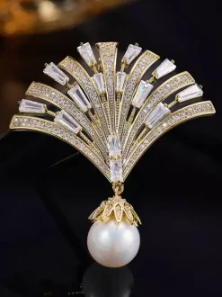 Fan Shape Baguette Zircon Brooch Dangle Large Pearl Pendant Lapel Pin