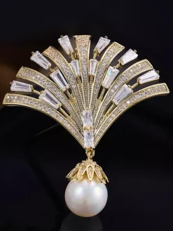 Fan Shape Baguette Zircon Brooch Dangle Large Pearl Pendant Lapel Pin