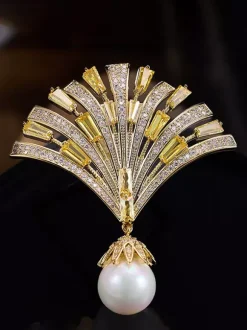 Fan Shape Baguette Zircon Brooch Dangle Large Pearl Pendant Lapel Pin