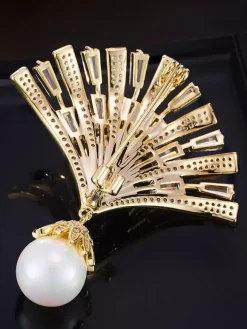 Fan Shape Baguette Zircon Brooch Dangle Large Pearl Pendant Lapel Pin